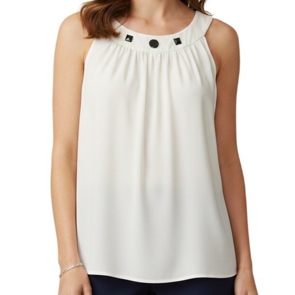 Dana Kay Womens Ivory Sleeveless Embellished Pleated Neck Tank Top Plus Size 14W